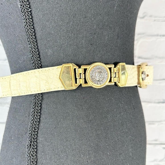 Vintage El General Genuine Caiman Skin Belt Cream Gold Metal Lion Western 40 - Picture 8 of 16